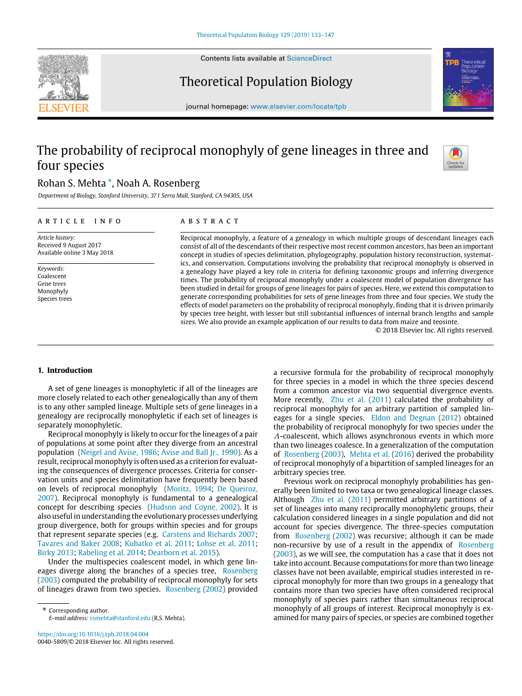 Theoretical Population Biology the Probability of Reciprocal Monophyly