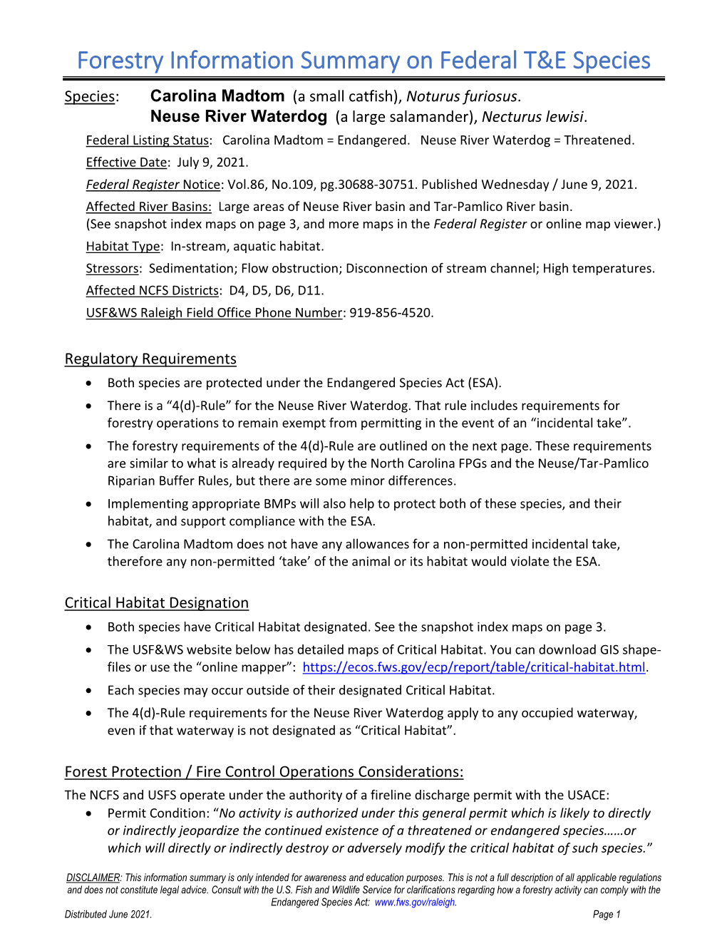 Forestry Information Summary on Federal T&E Species