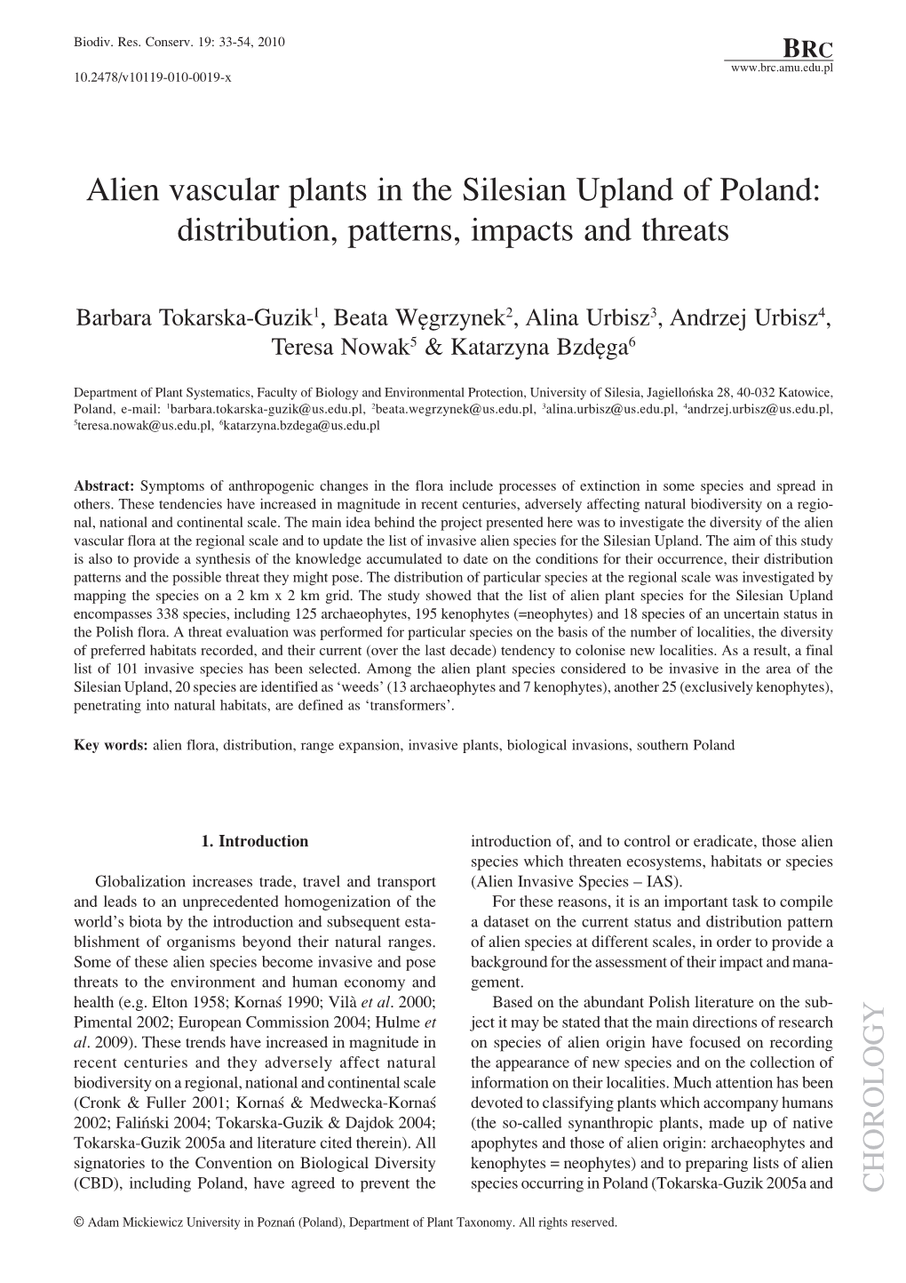 Alien Vascular Plants in the Silesian Upland of Poland: Distribution, Patterns, Impacts and Threats