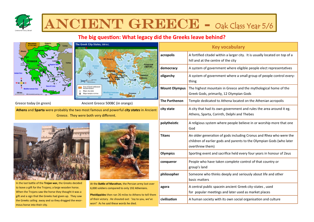 Ancient Greece - Oak Class Year 5/6 the Big Question: What Legacy Did the Greeks Leave Behind? Key Vocabulary Acropolis a Fortified Citadel Within a Larger City