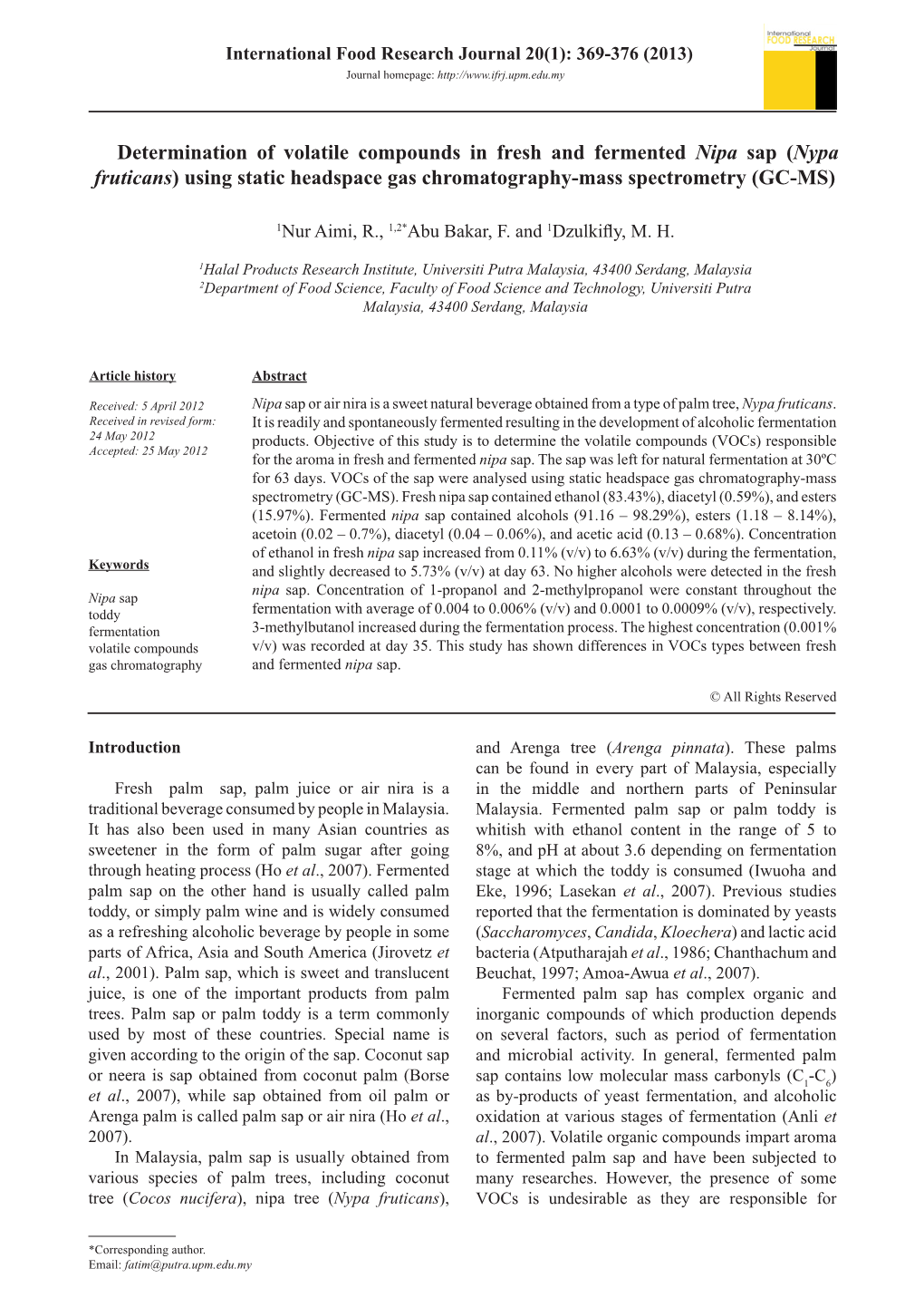 Determination of Volatile Compounds in Fresh and Fermented Nipa Sap (Nypa Fruticans) Using Static Headspace Gas Chromatography-Mass Spectrometry (GC-MS)