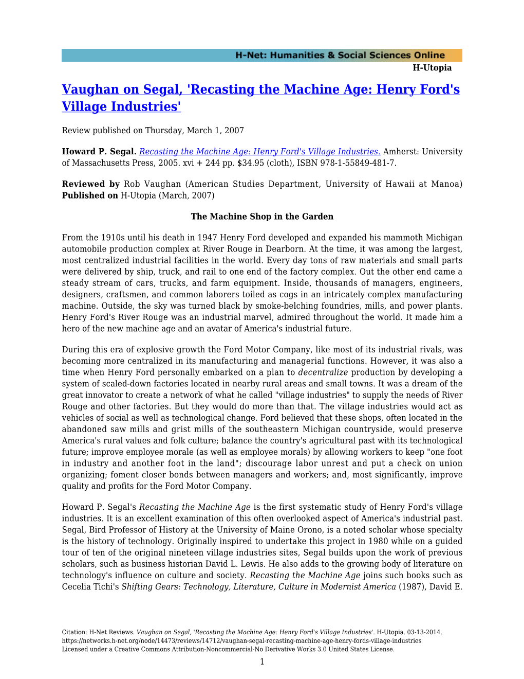 'Recasting the Machine Age: Henry Ford's Village Industries'