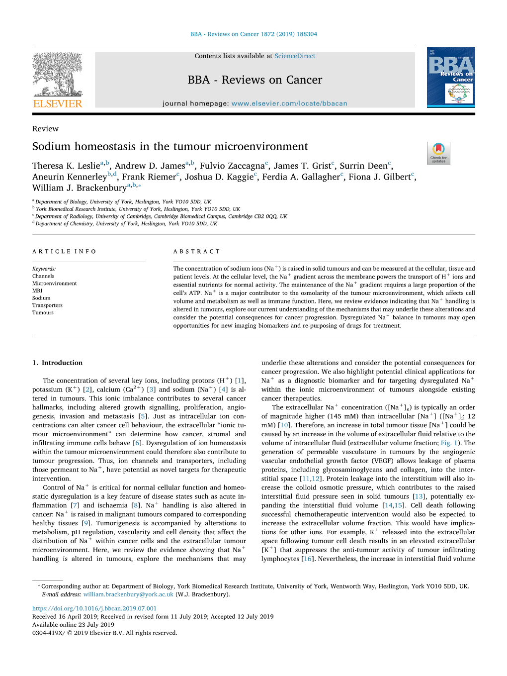 Sodium Homeostasis in the Tumour Microenvironment T Theresa K