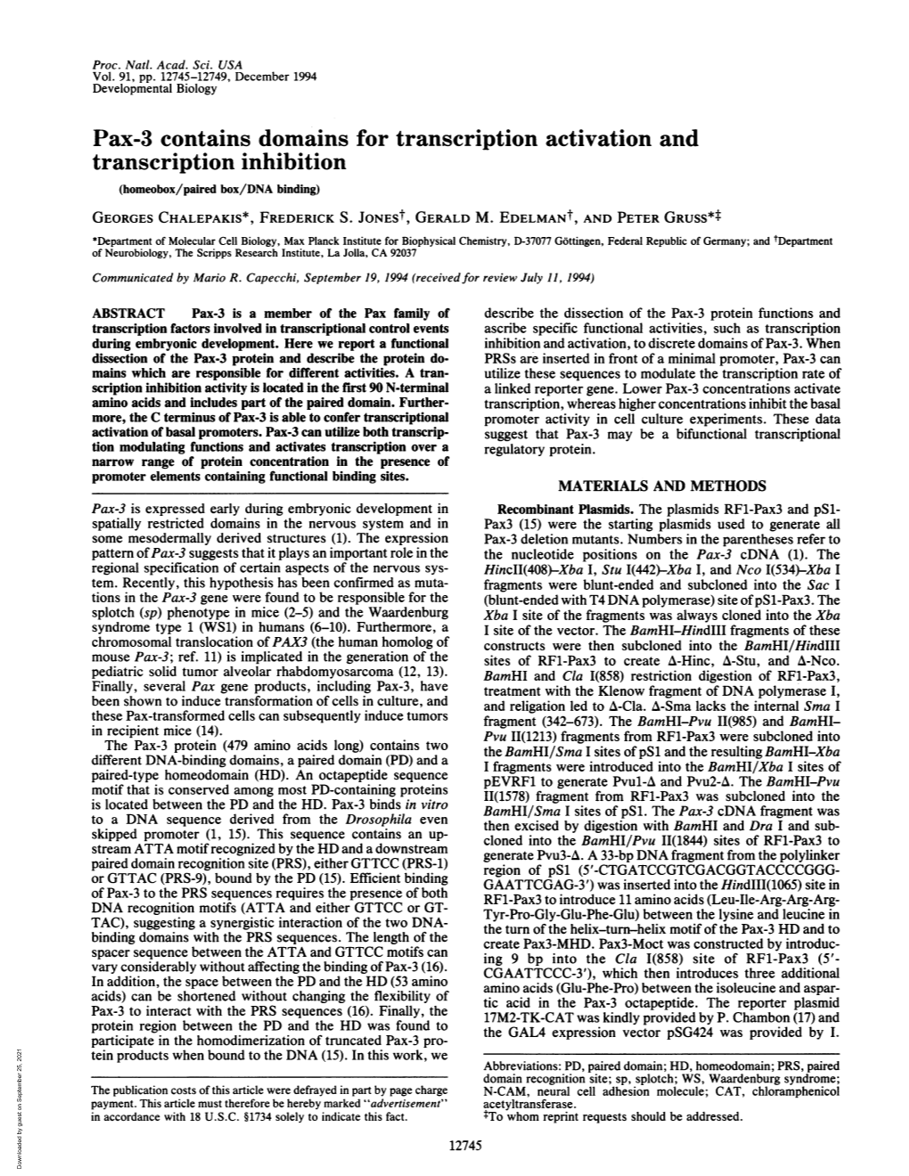 Transcription Inhibition (Homeobox/Paired Box/DNA Binding) GEORGES CHALEPAKIS*, FREDERICK S