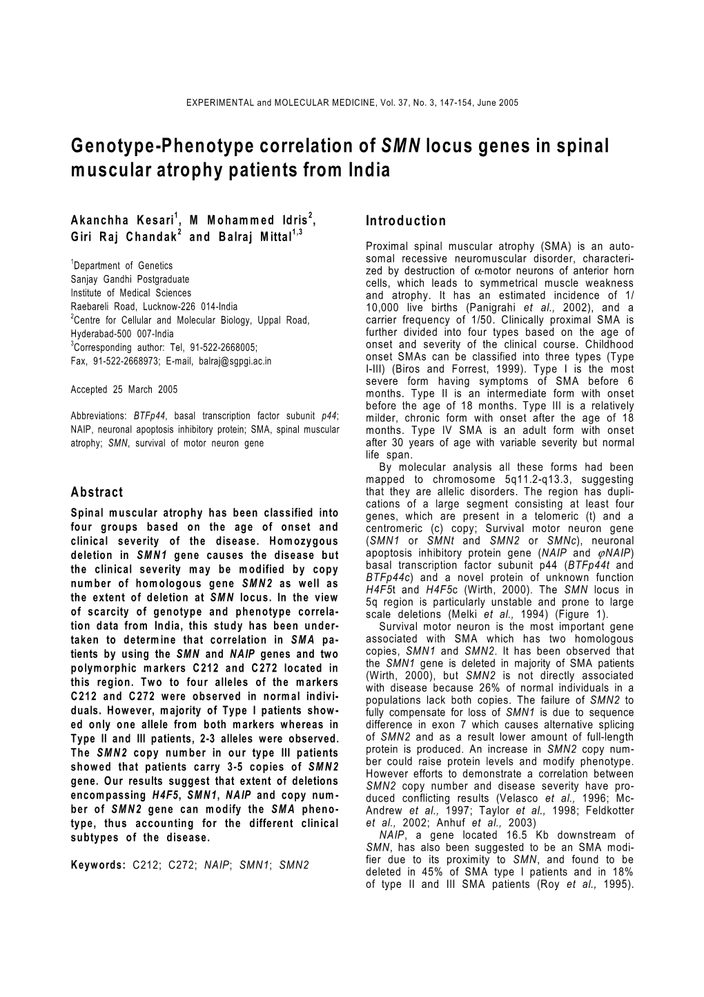 Genotype-Phenotype Correlation of SMN Locus Genes in Spinal Muscular Atrophy Patients from India