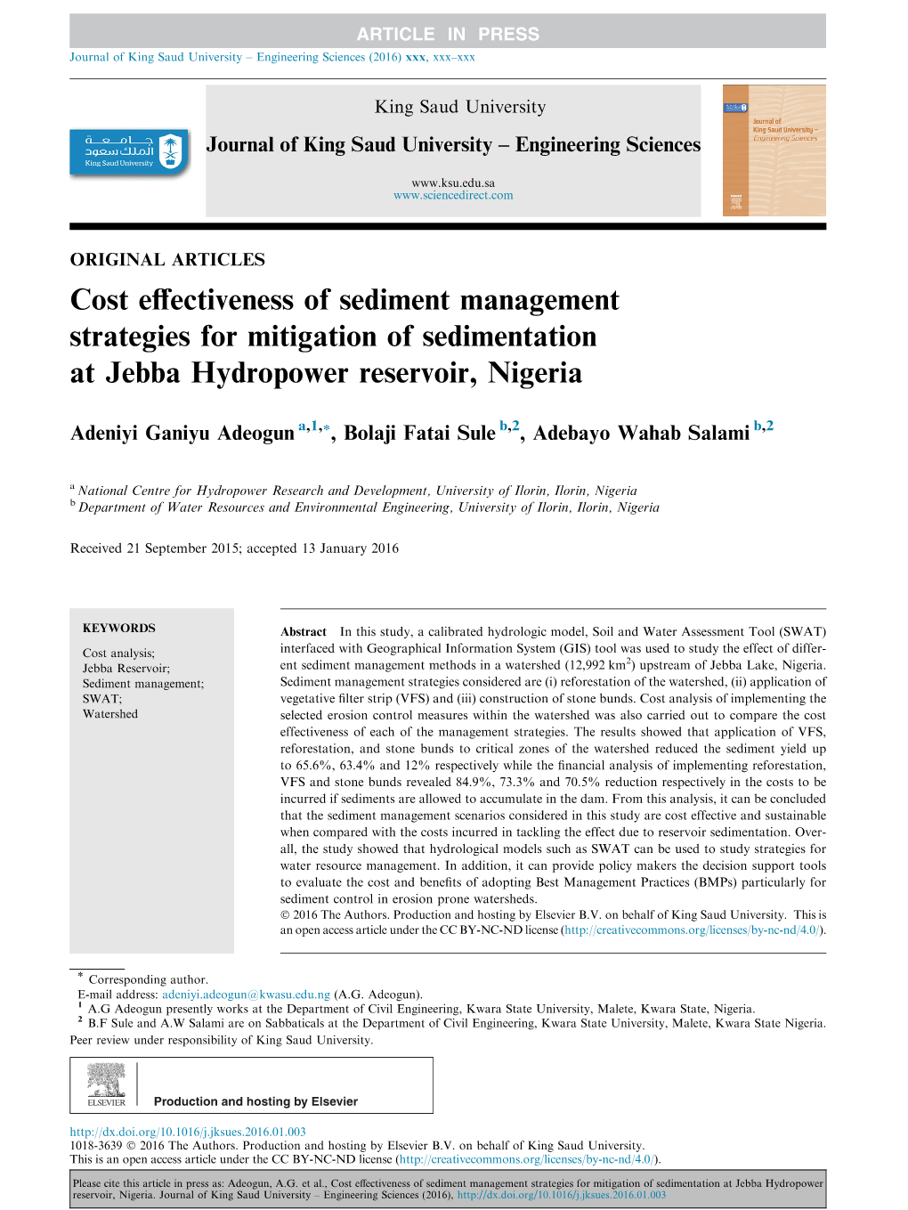 Cost Effectiveness of Sediment Management Strategies For