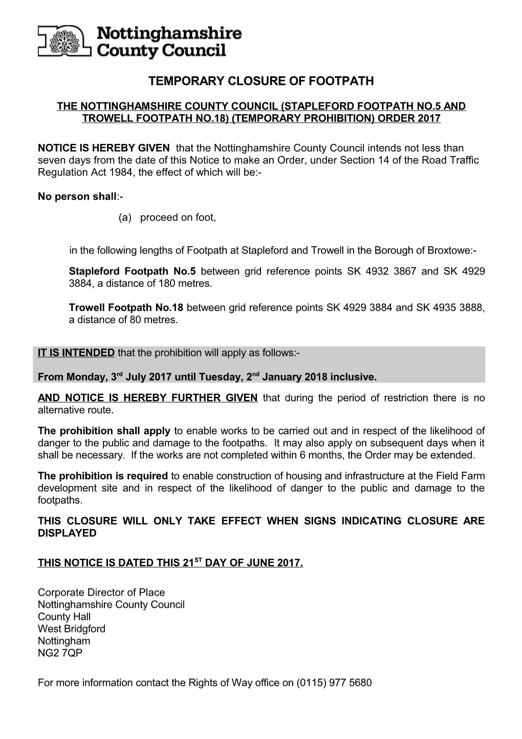 Temporary Closure of Footpath