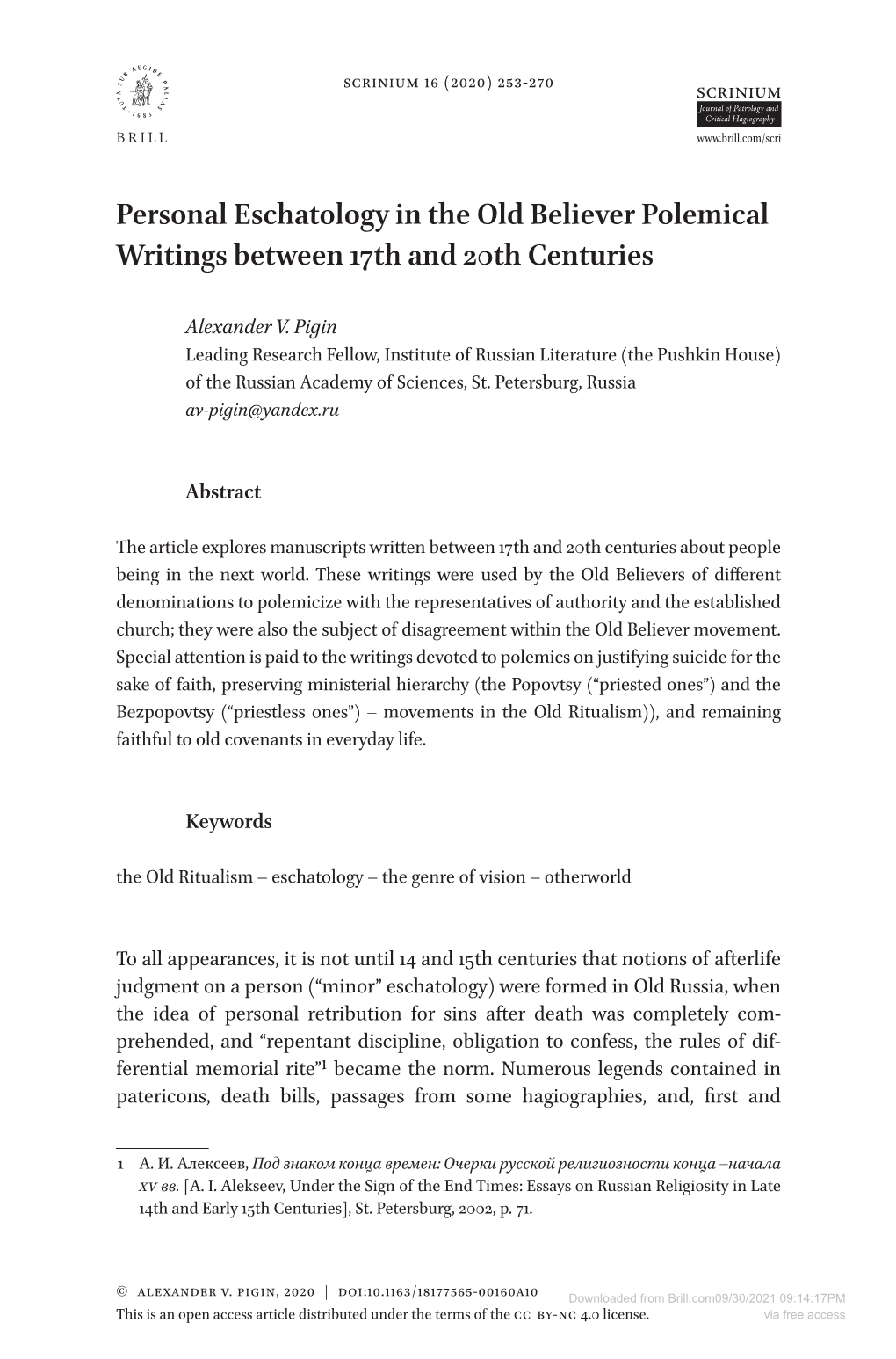 Personal Eschatology in the Old Believer Polemical Writings Full Is Advance Article: 18 Full Article Language: En Indien Anders: Engelse Articletitle: 0