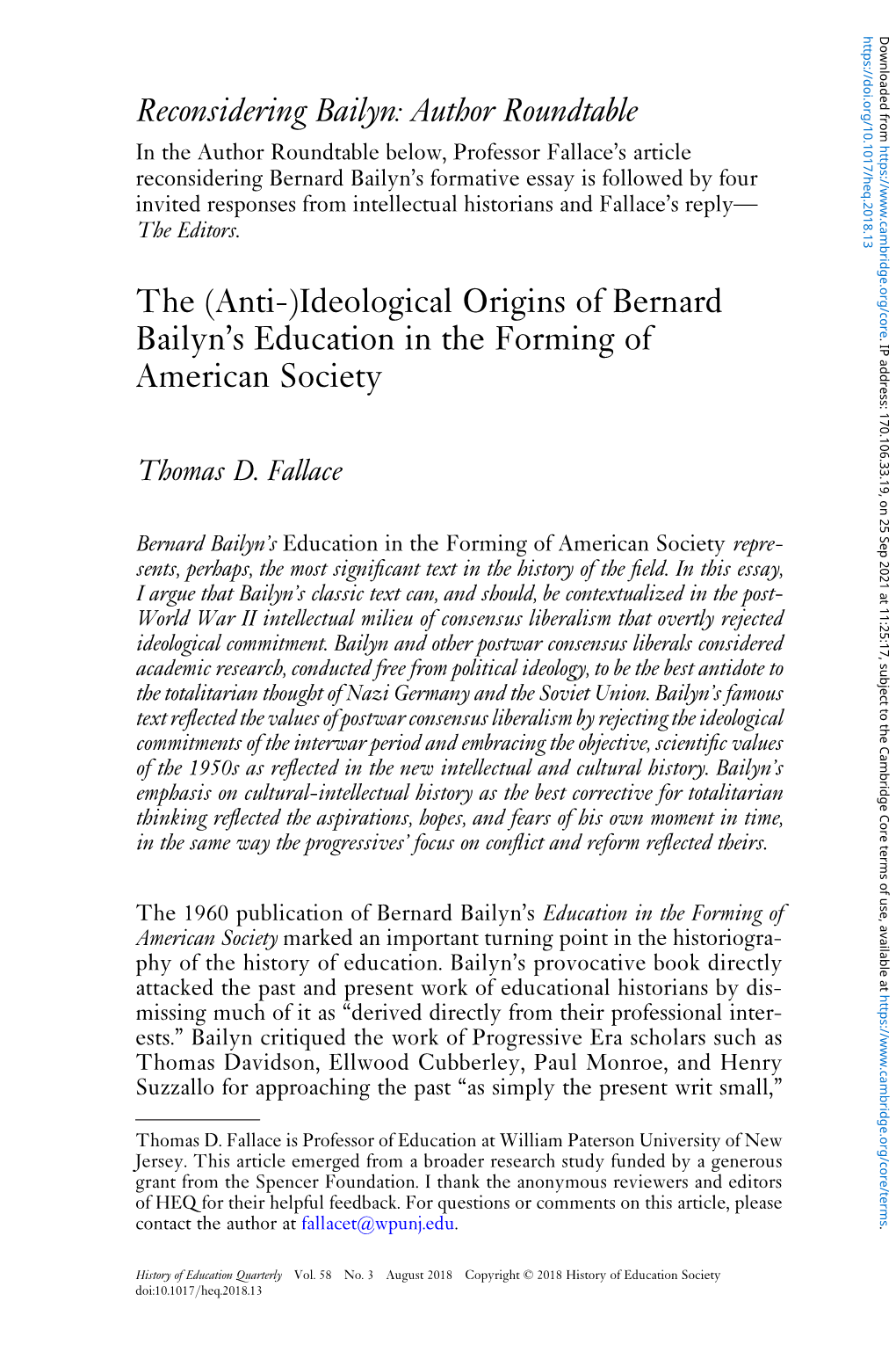 Ideological Origins of Bernard Bailyn's Education in the Forming of America