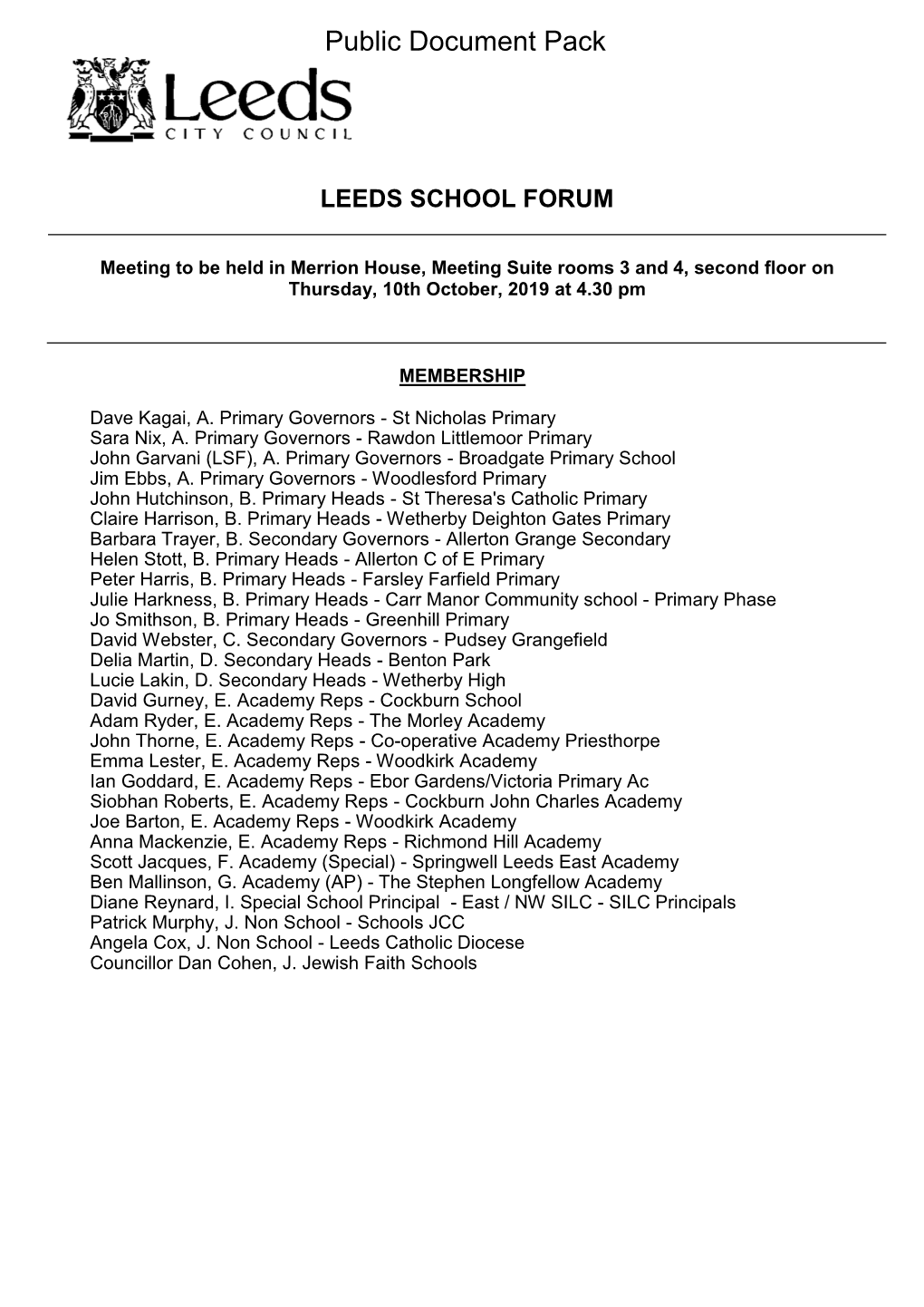 (Public Pack)Agenda Document for Leeds School Forum, 10/10/2019