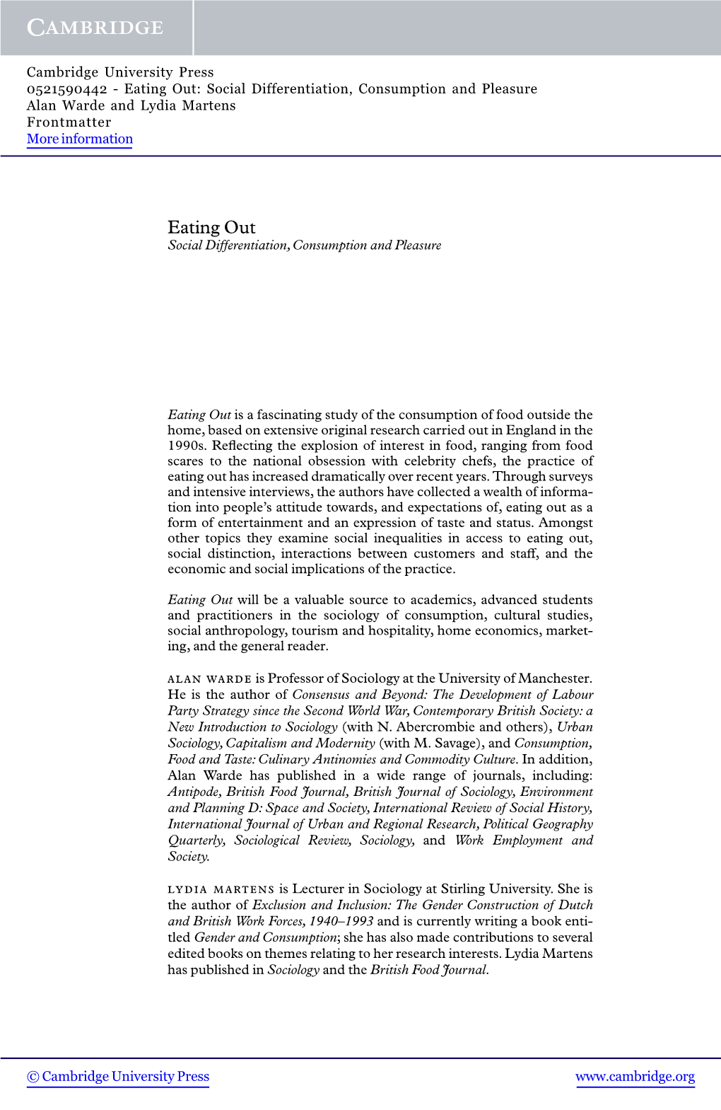 Eating Out: Social Differentiation, Consumption and Pleasure Alan Warde and Lydia Martens Frontmatter More Information