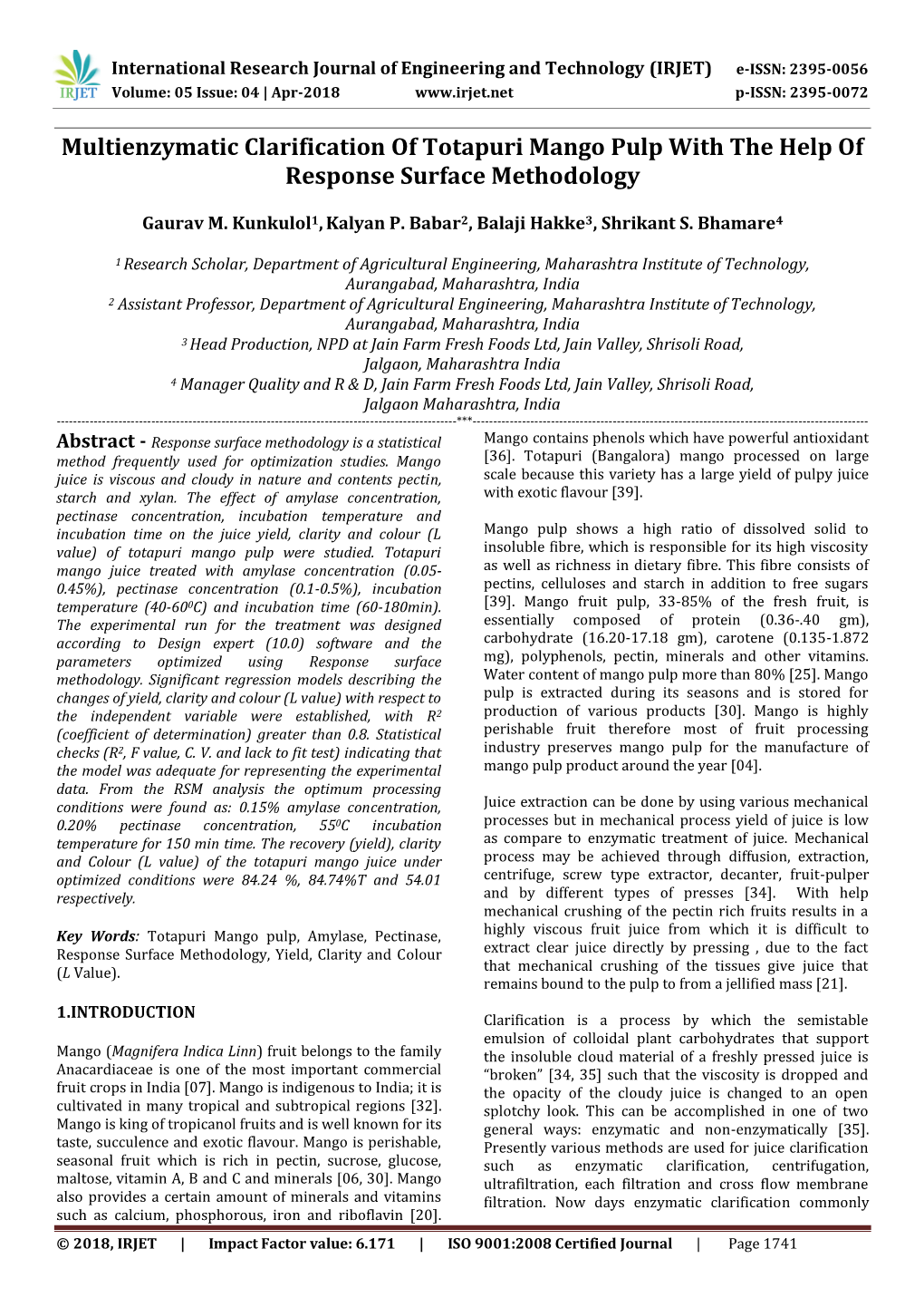 Multienzymatic Clarification of Totapuri Mango Pulp with the Help of Response Surface Methodology