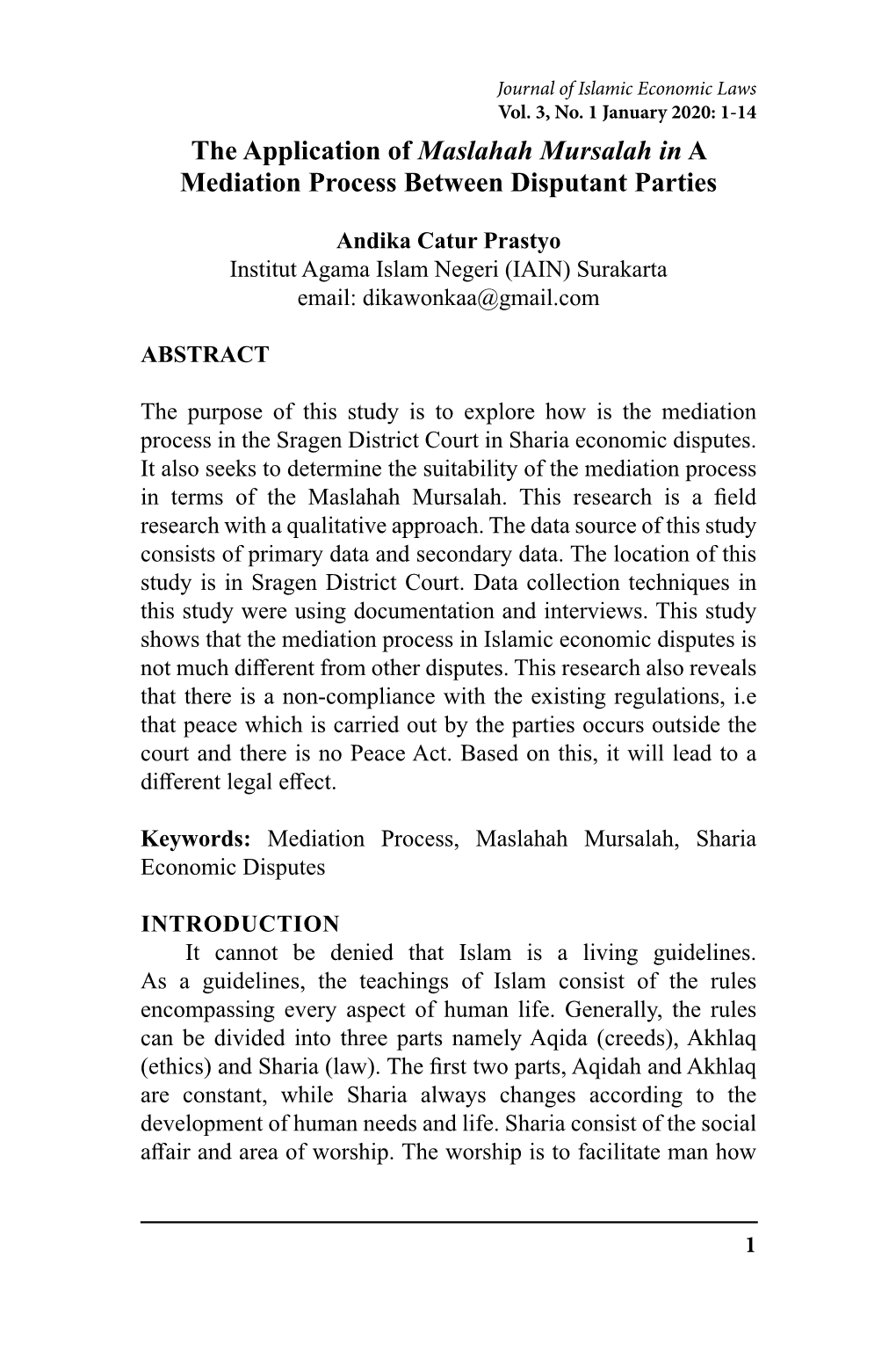 The Application of Maslahah Mursalah in a Mediation Process Between Disputant Parties