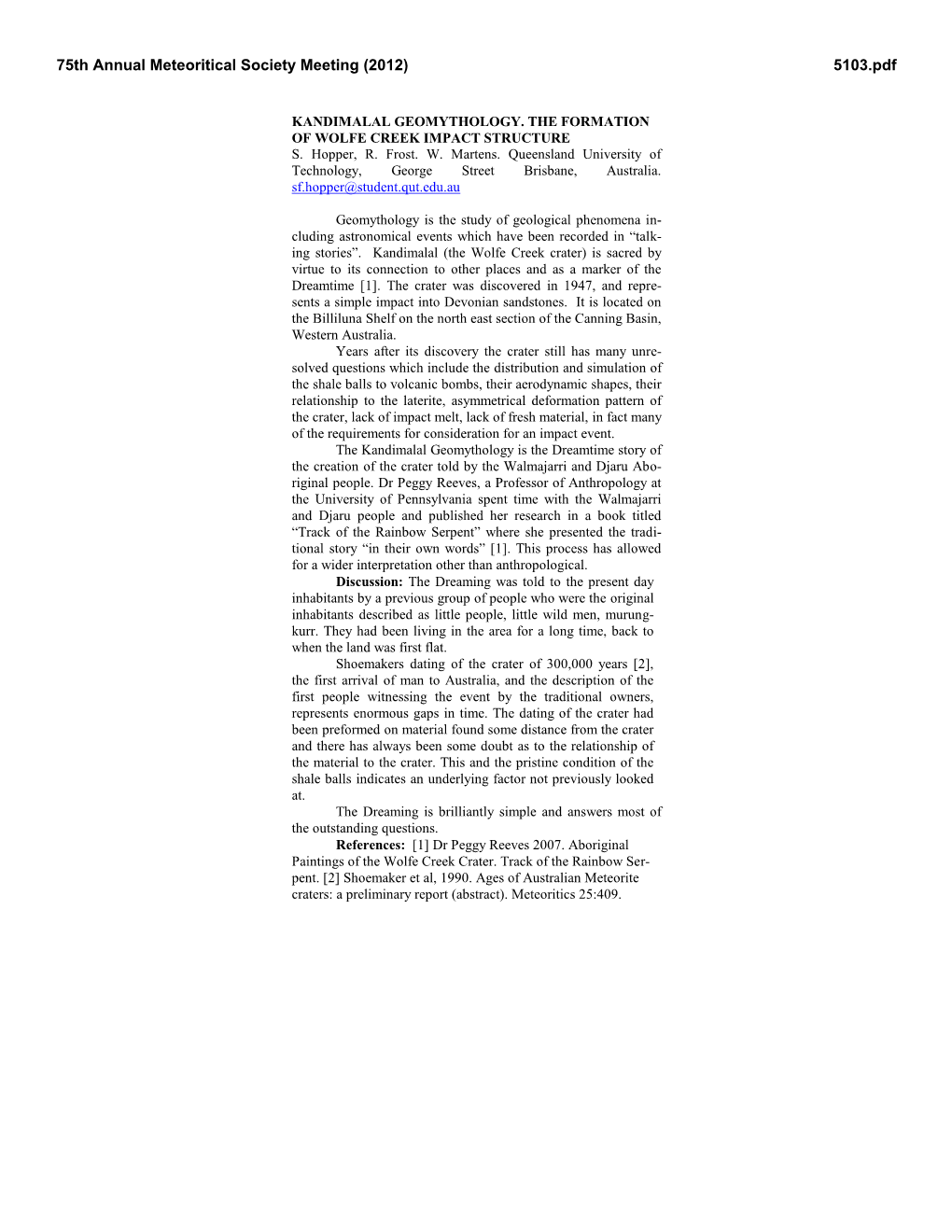 Kandimalal Geomythology. the Formation of Wolfe Creek Impact Structure S