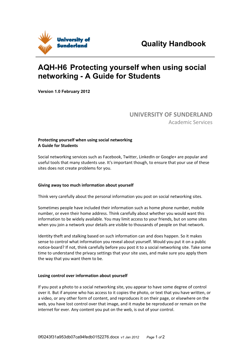 AQH H6 Protecting Yourself When Using Social Networking A Guide For Students