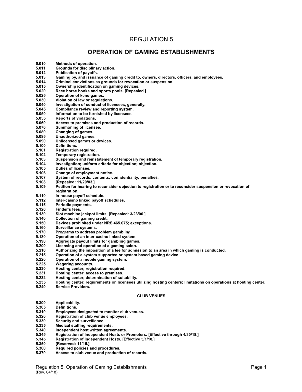 Regulation 5 Operation of Gaming Establishments