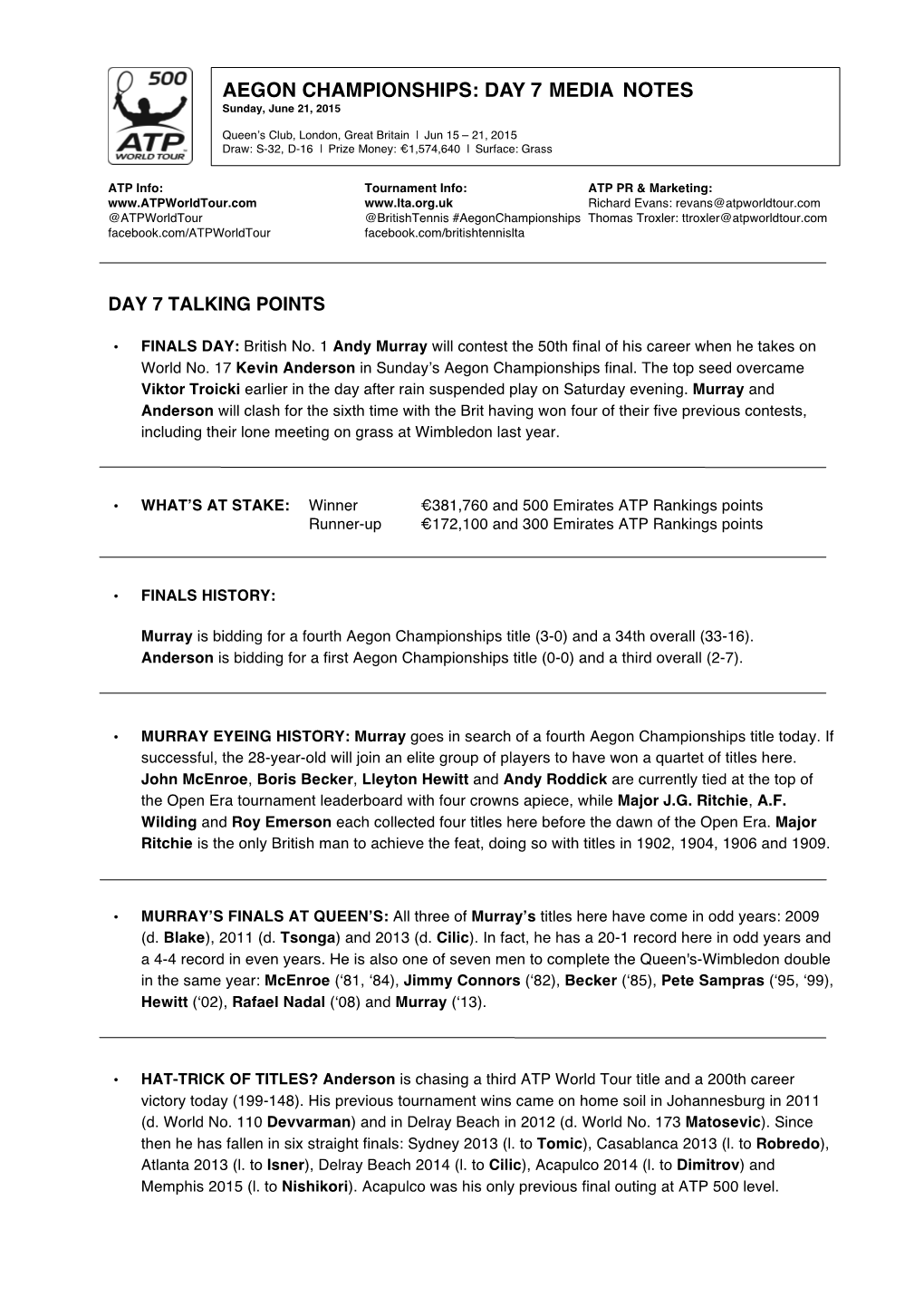 AEGON CHAMPIONSHIPS: DAY 7 MEDIA NOTES Sunday, June 21, 2015