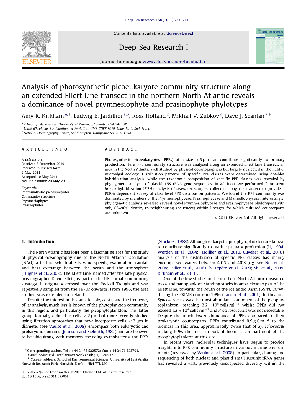 Analysis of Photosynthetic Picoeukaryote Community Structure Along an Extended Ellett Line Transect in the Northern North Atlant