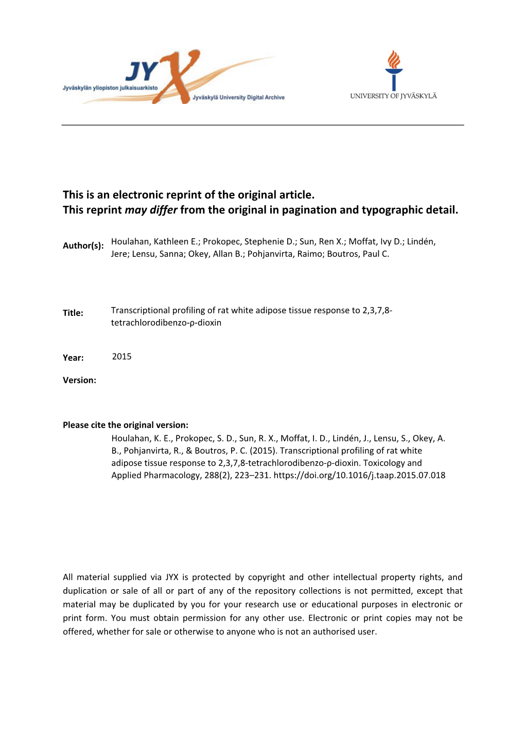 Transcriptional Profiling of Rat White Adipose Tissue Response to 2,3,7,8- Tetrachlorodibenzo-Ρ-Dioxin