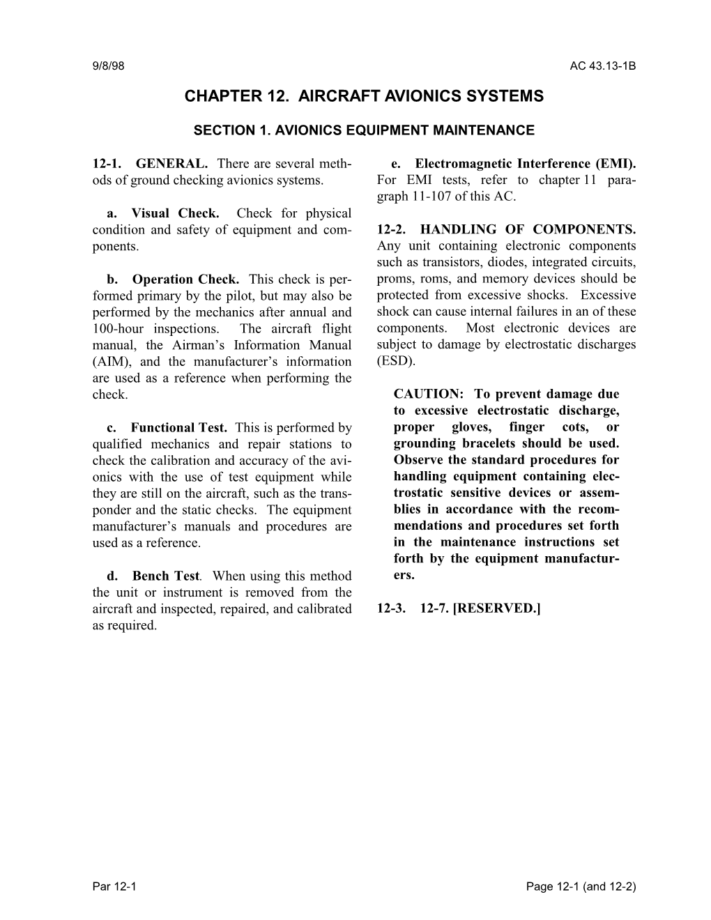 Section 1. GROUND OPERATIONAL CHECKS for AVIONICS