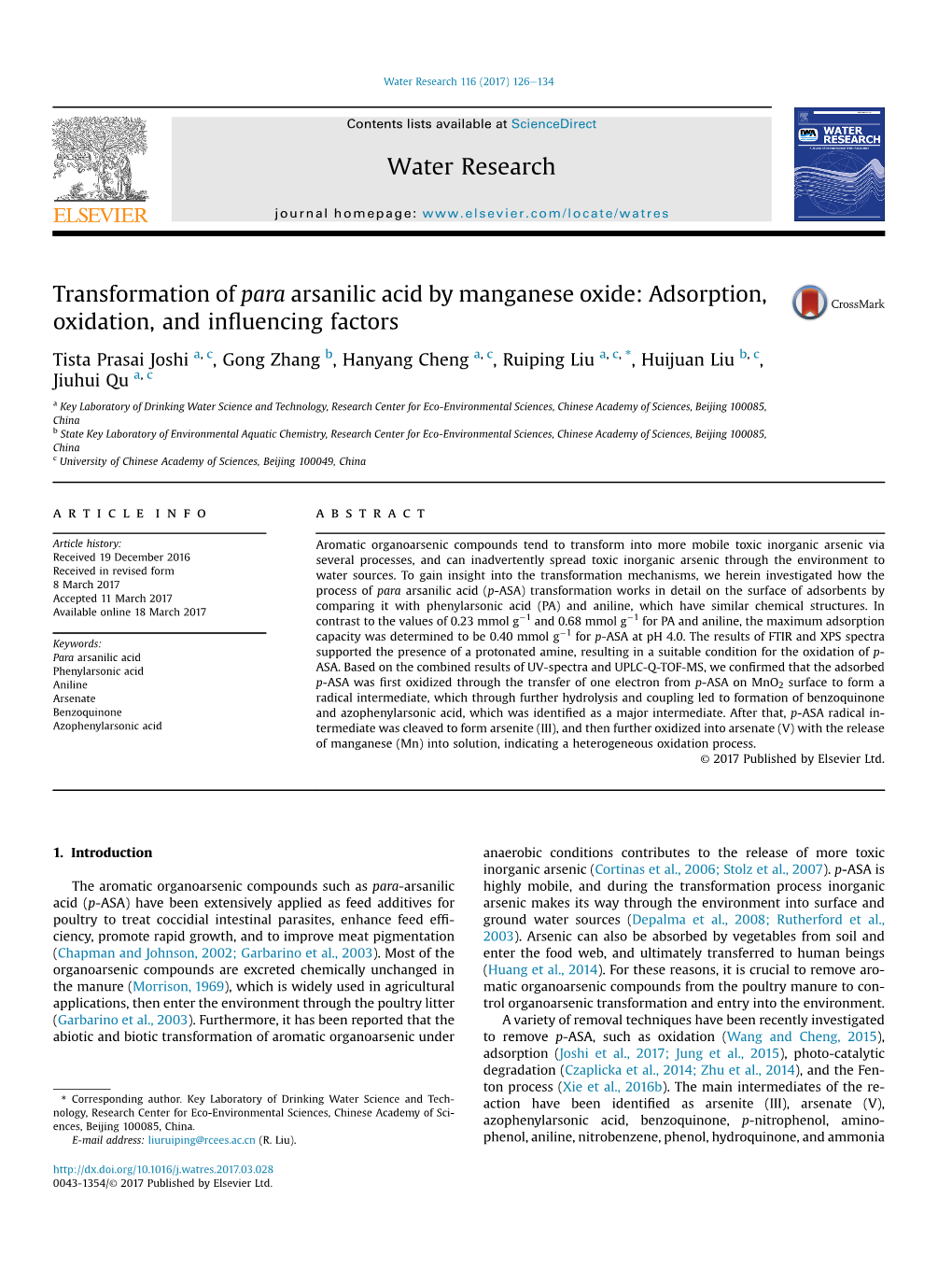 Transformation of Para Arsanilic Acid by Manganese Oxide: Adsorption, Oxidation, and Inﬂuencing Factors