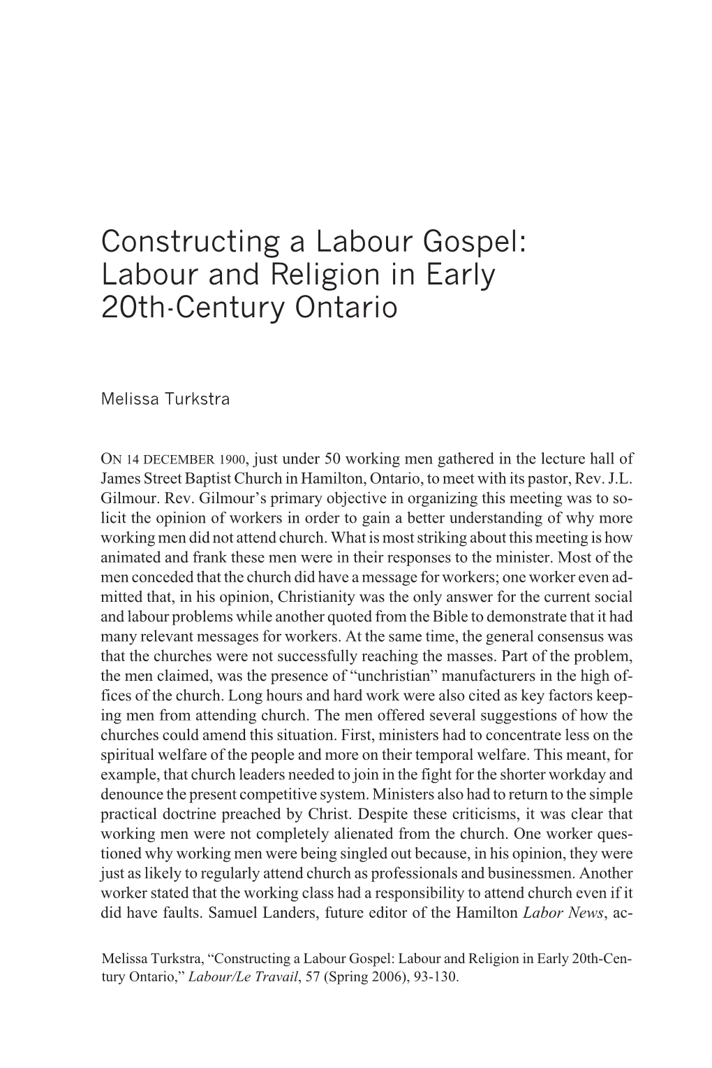 Constructing a Labour Gospel: Labour and Religion in Early 20Th-Century Ontario