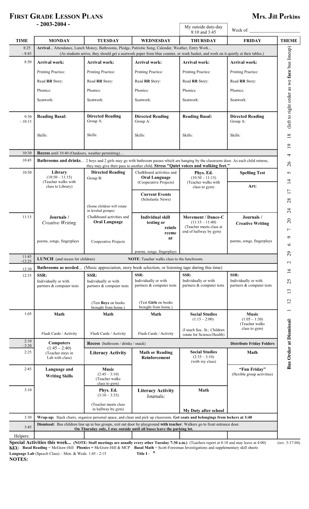 1St Grade Lesson Plans - 2003-2004