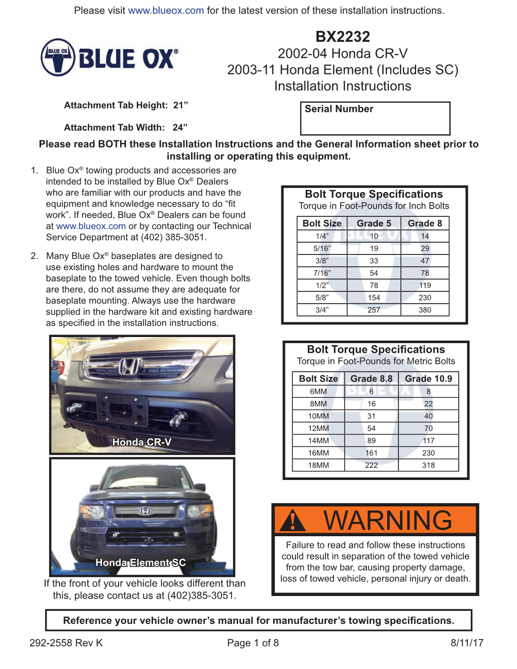 BX2232 2002-04 Honda CR-V 2003-11 Honda Element (Includes SC) Installation Instructions