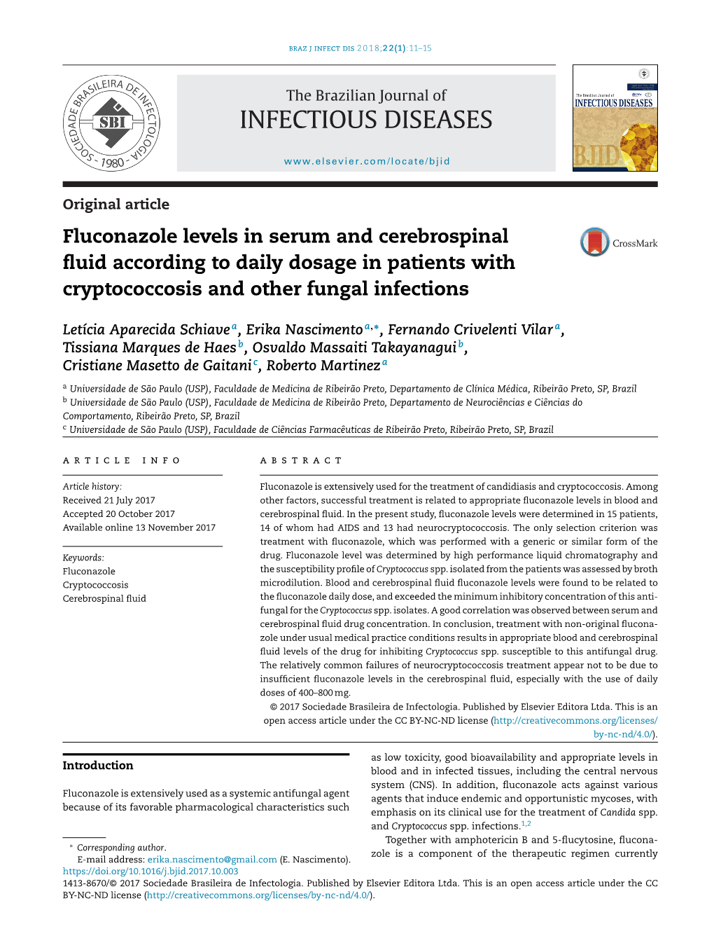 Fluconazole Levels in Serum and Cerebrospinal Fluid