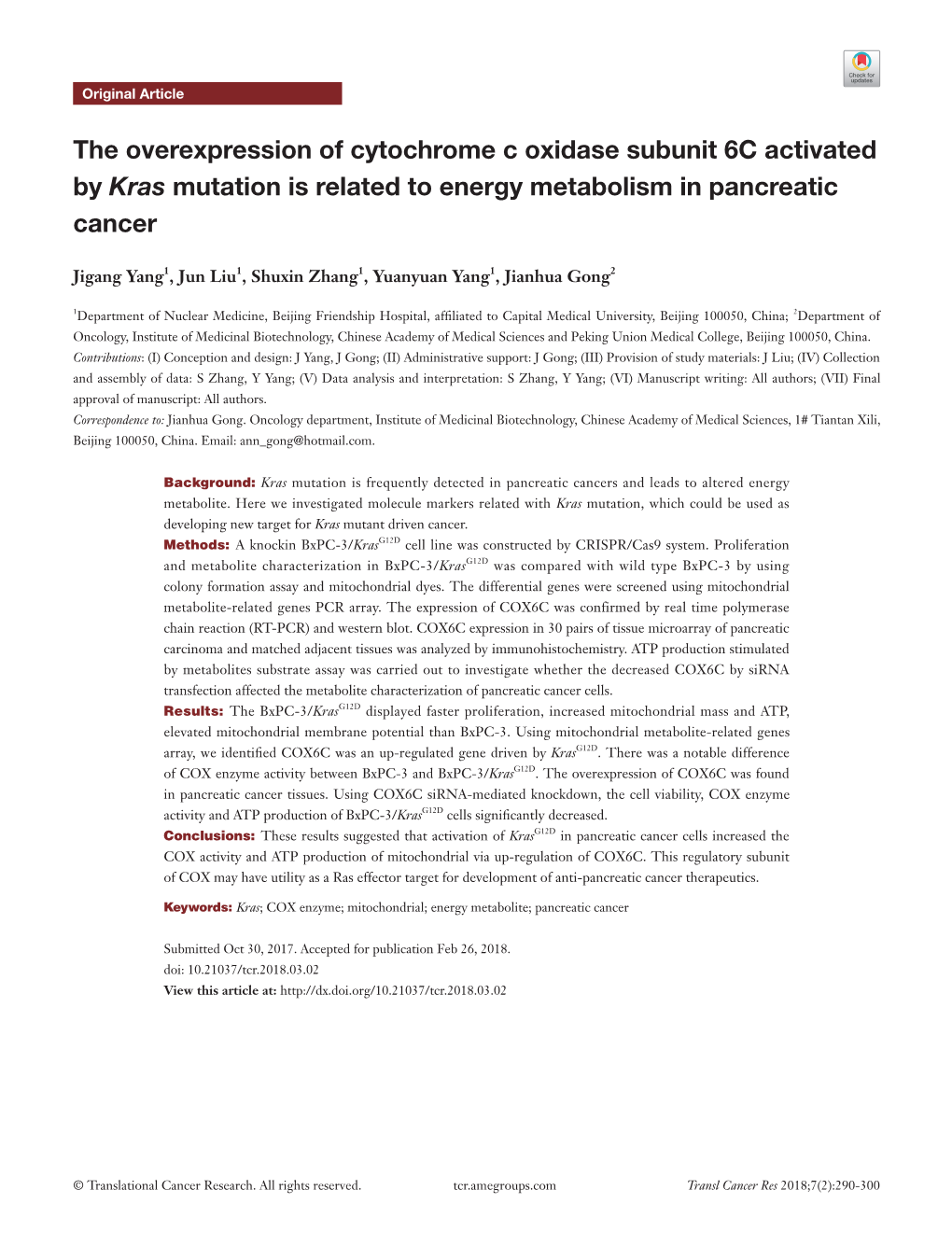 The Overexpression of Cytochrome C Oxidase Subunit 6C Activated by Kras Mutation Is Related to Energy Metabolism in Pancreatic Cancer