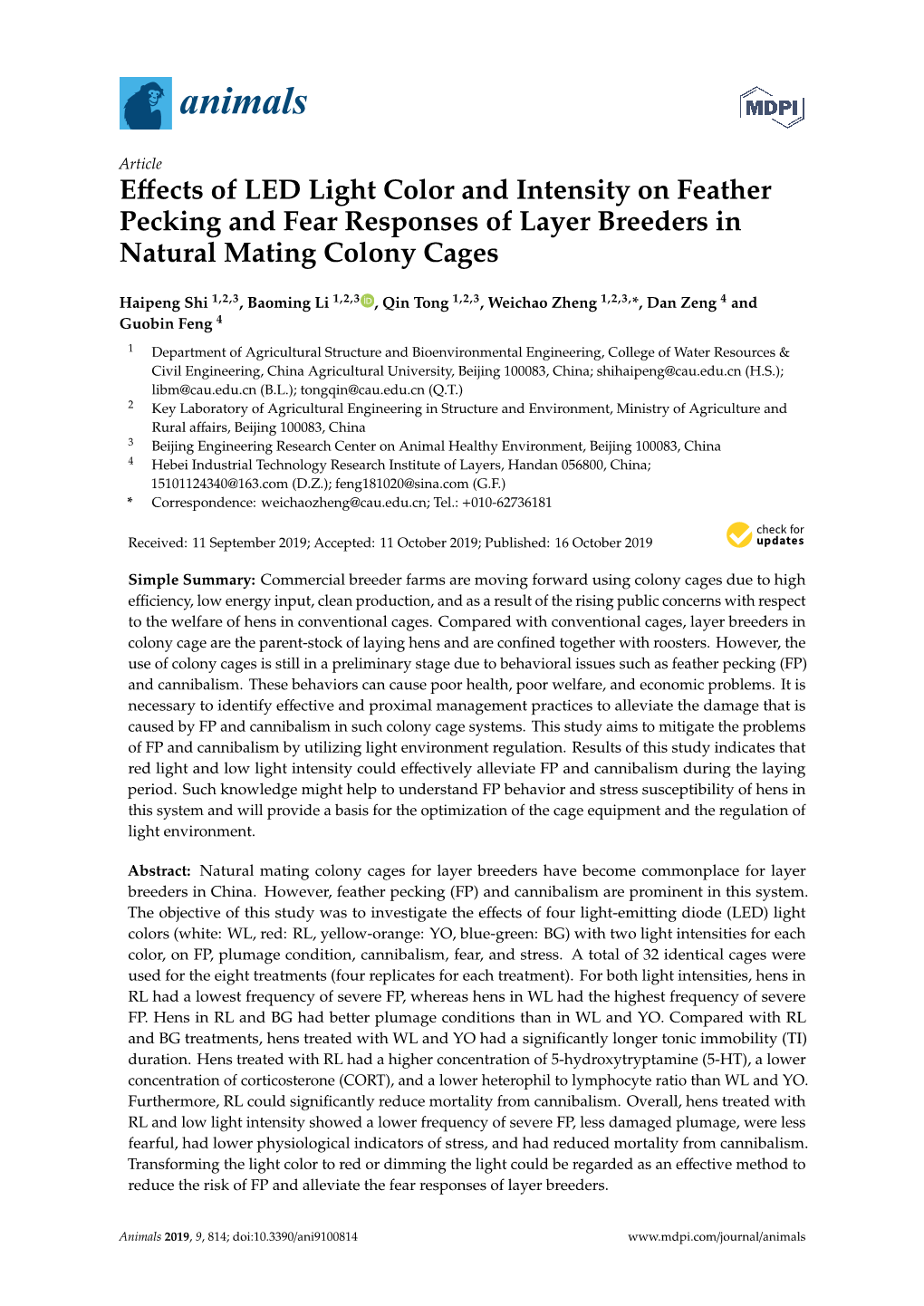 Effects of LED Light Color and Intensity on Feather Pecking