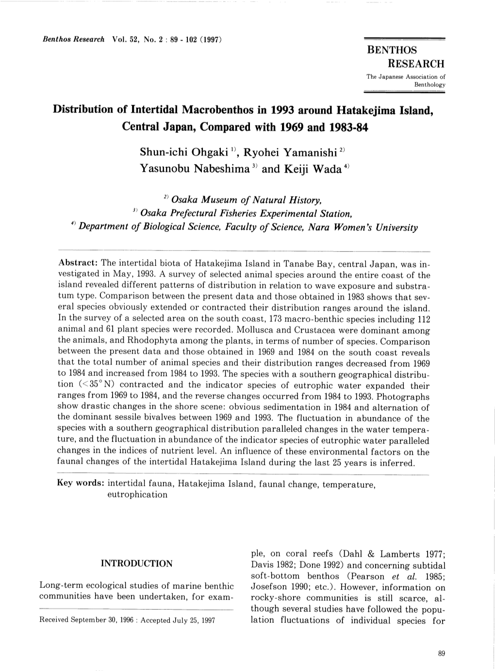 Distribution of Intertidal Macrobenthos in 1993 Around Hatakejima Island, Central Japan, Compared with 1969 and 1983-84 Yasunobu