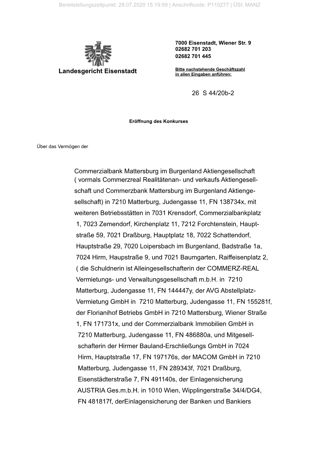 Landesgericht Eisenstadt 26 S 44/20B-2 Commerzialbank