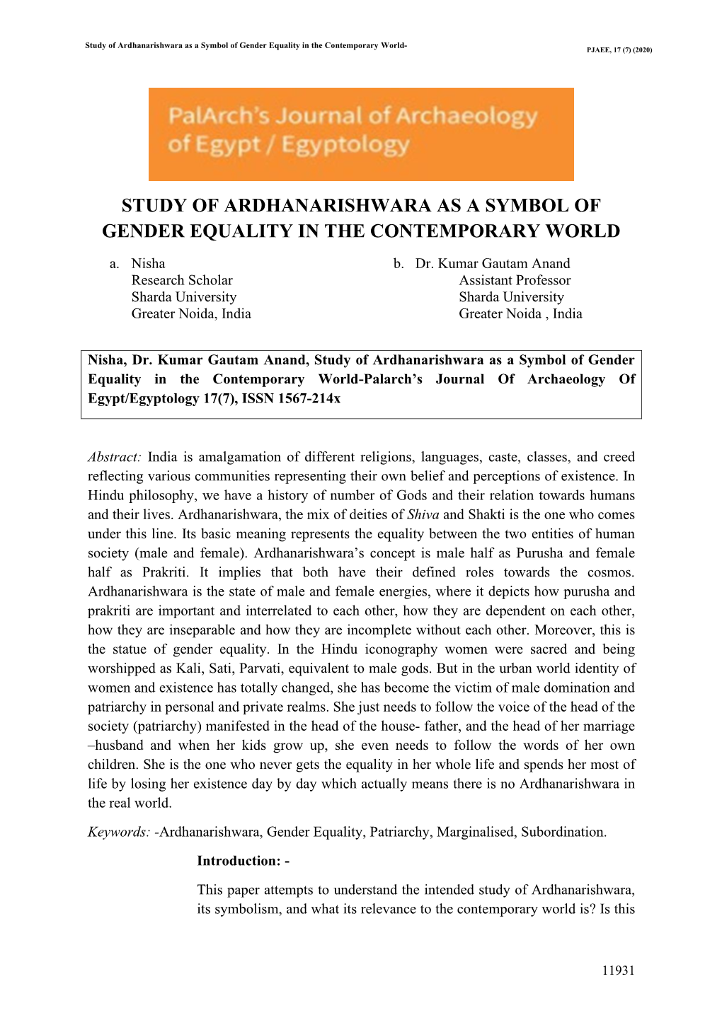 Study of Ardhanarishwara As a Symbol of Gender Equality in the Contemporary World- PJAEE, 17 (7) (2020)