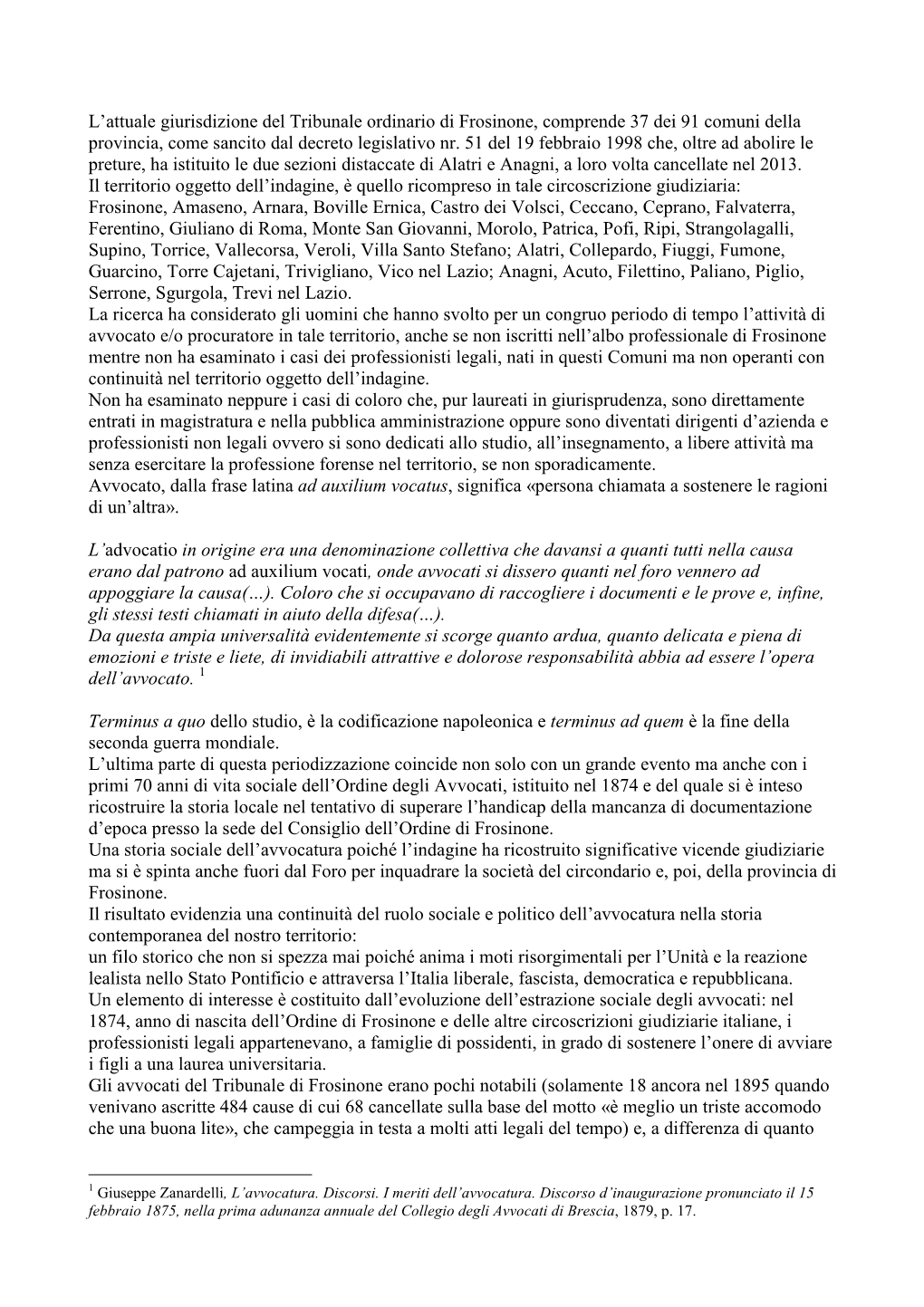 L'attuale Giurisdizione Del Tribunale Ordinario Di Frosinone, Comprende