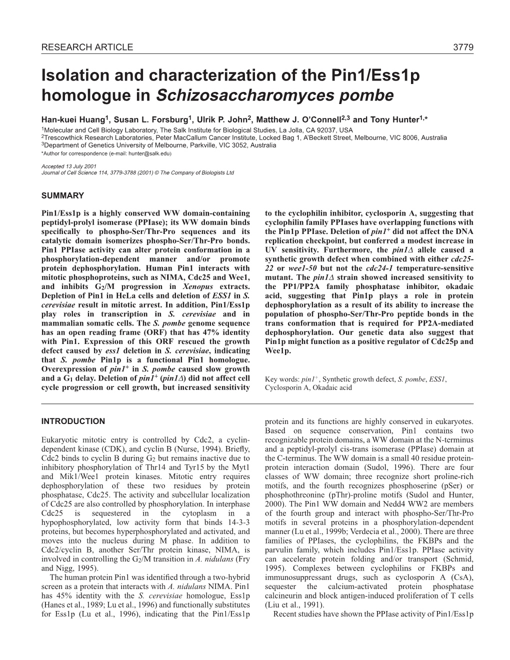 Isolation and Characterization of the Pin1/Ess1p Homologue in Schizosaccharomyces Pombe