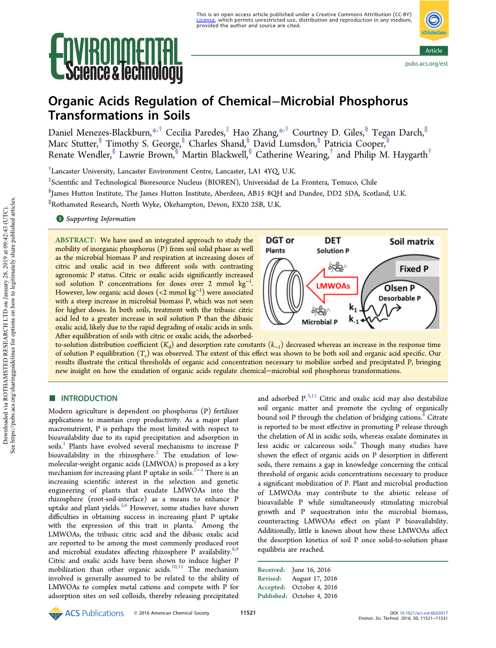 Organic Acids Regulation of Chemical−Microbial Phosphorus Transformations in Soils † ‡ † § ∥ Daniel Menezes-Blackburn,*, Cecilia Paredes, Hao Zhang,*, Courtney D