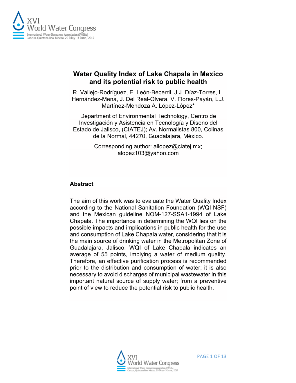 Water Quality Index of Lake Chapala in Mexico and Its Potential Risk to Public Health R