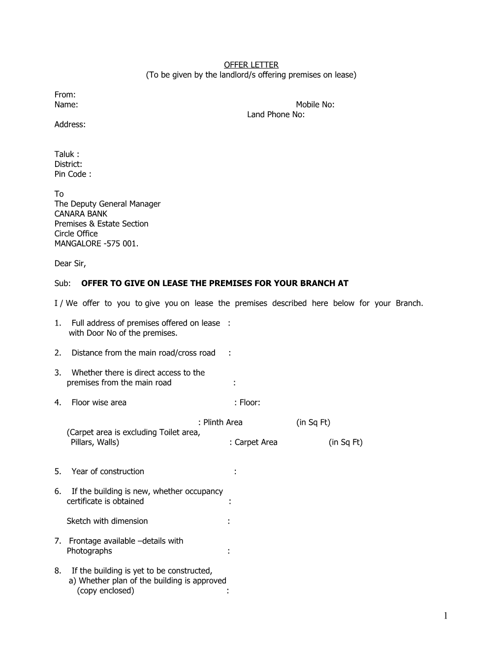 Offer Letter To Be Given By The Landlord(S) Offering Premises On Lease