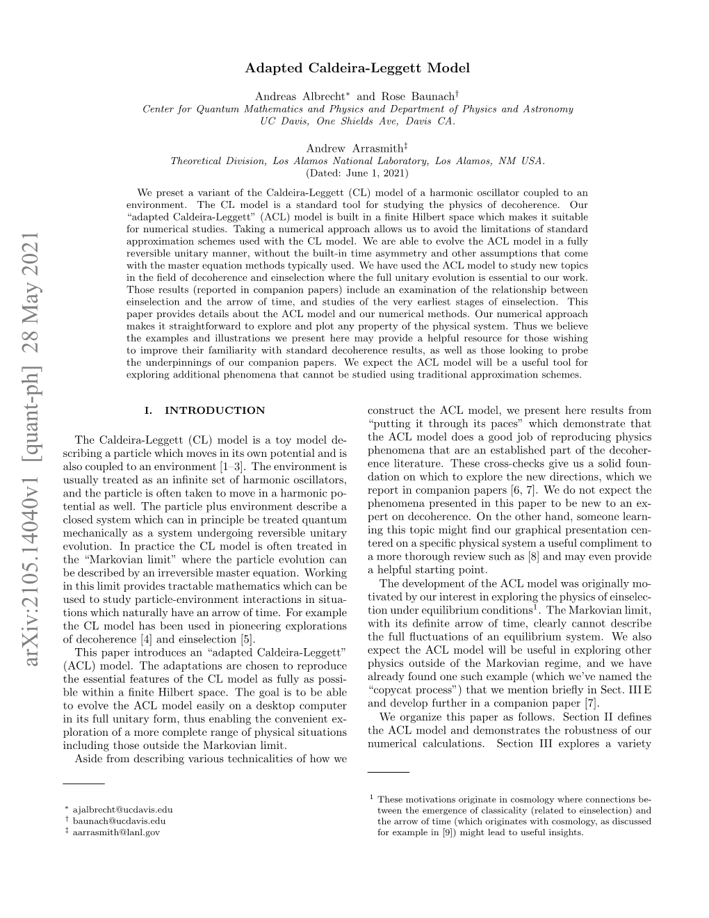 Arxiv:2105.14040V1 [Quant-Ph] 28 May 2021 (ACL) Model