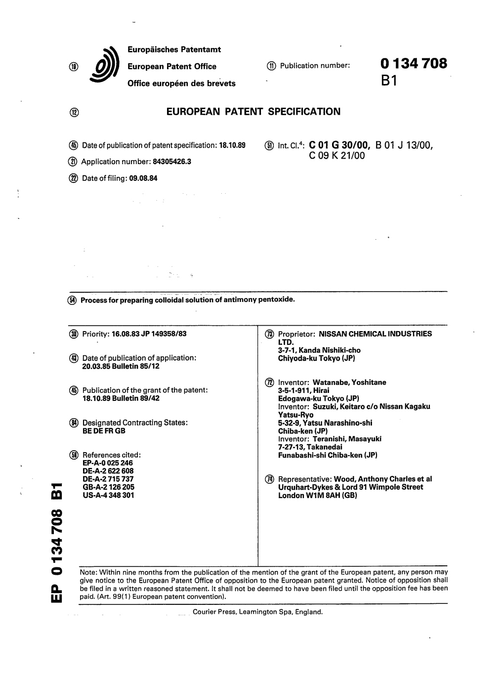 Process for Preparing Colloidal Solution of Antimony Pentoxide