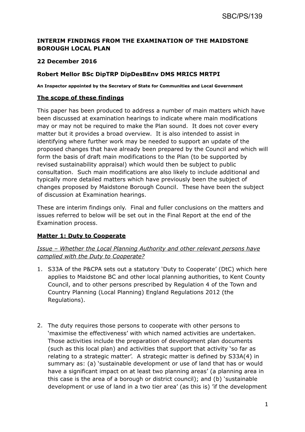 20161222 Interim Findings on Maidstone Borough Local Plan