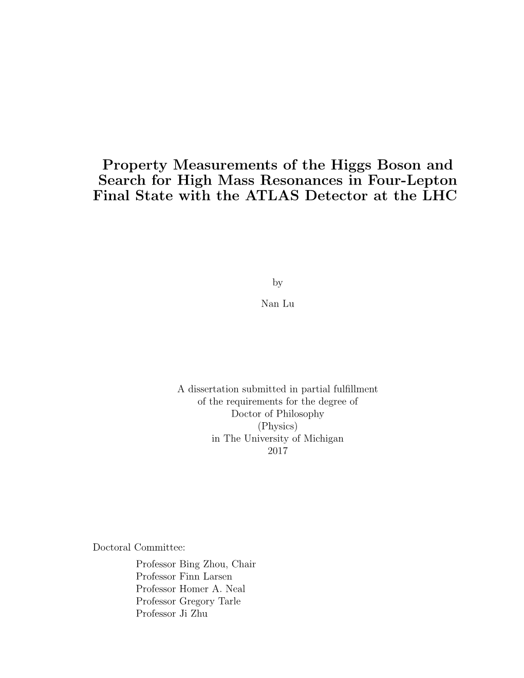 Property Measurements of the Higgs Boson and Search for High Mass Resonances in Four-Lepton Final State with the ATLAS Detector at the LHC