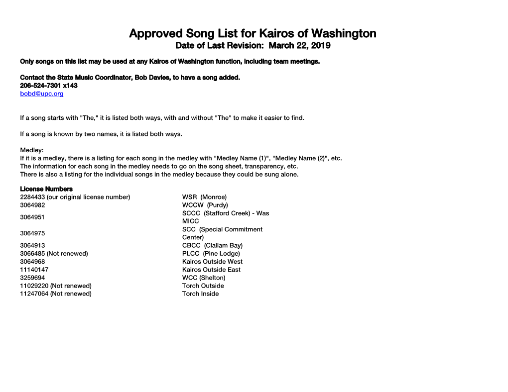 Approved Song List for Kairos of Washington Date of Last Revision: March 22, 2019