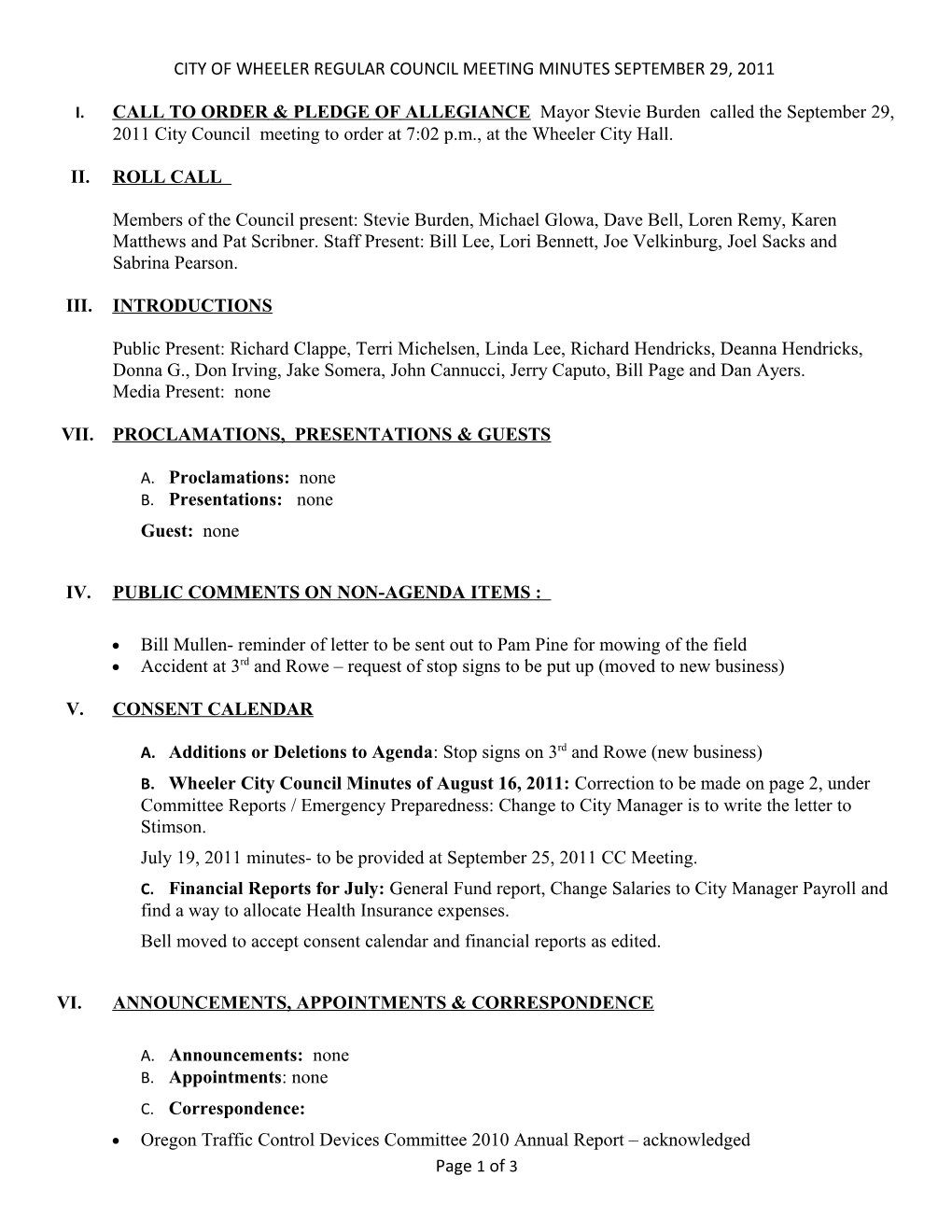 City of Wheeler Regular Council Meeting Minutes September 29, 2011