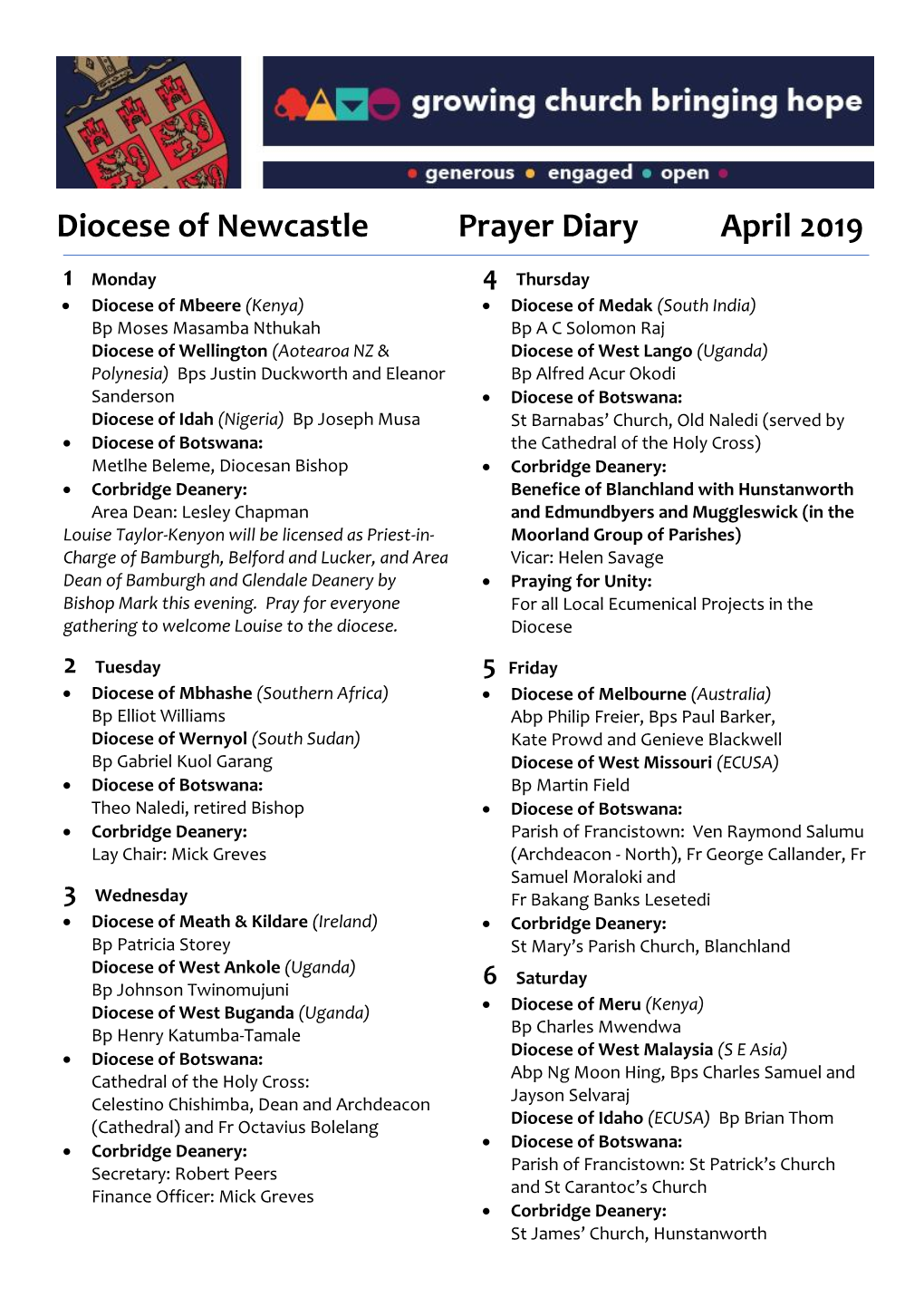 Diocese of Newcastle Prayer Diary April 2019