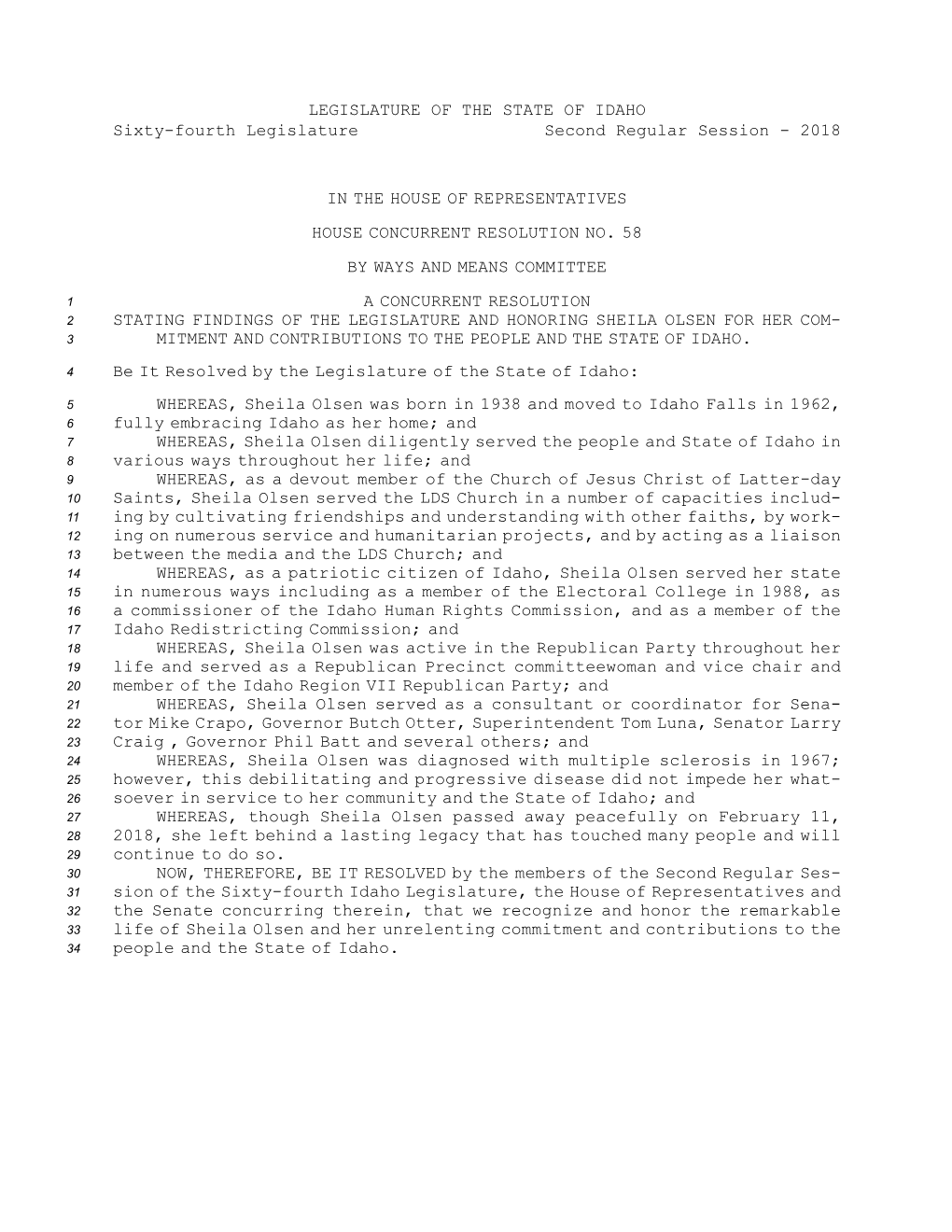 House Concurrent Resolution No.58 (2018