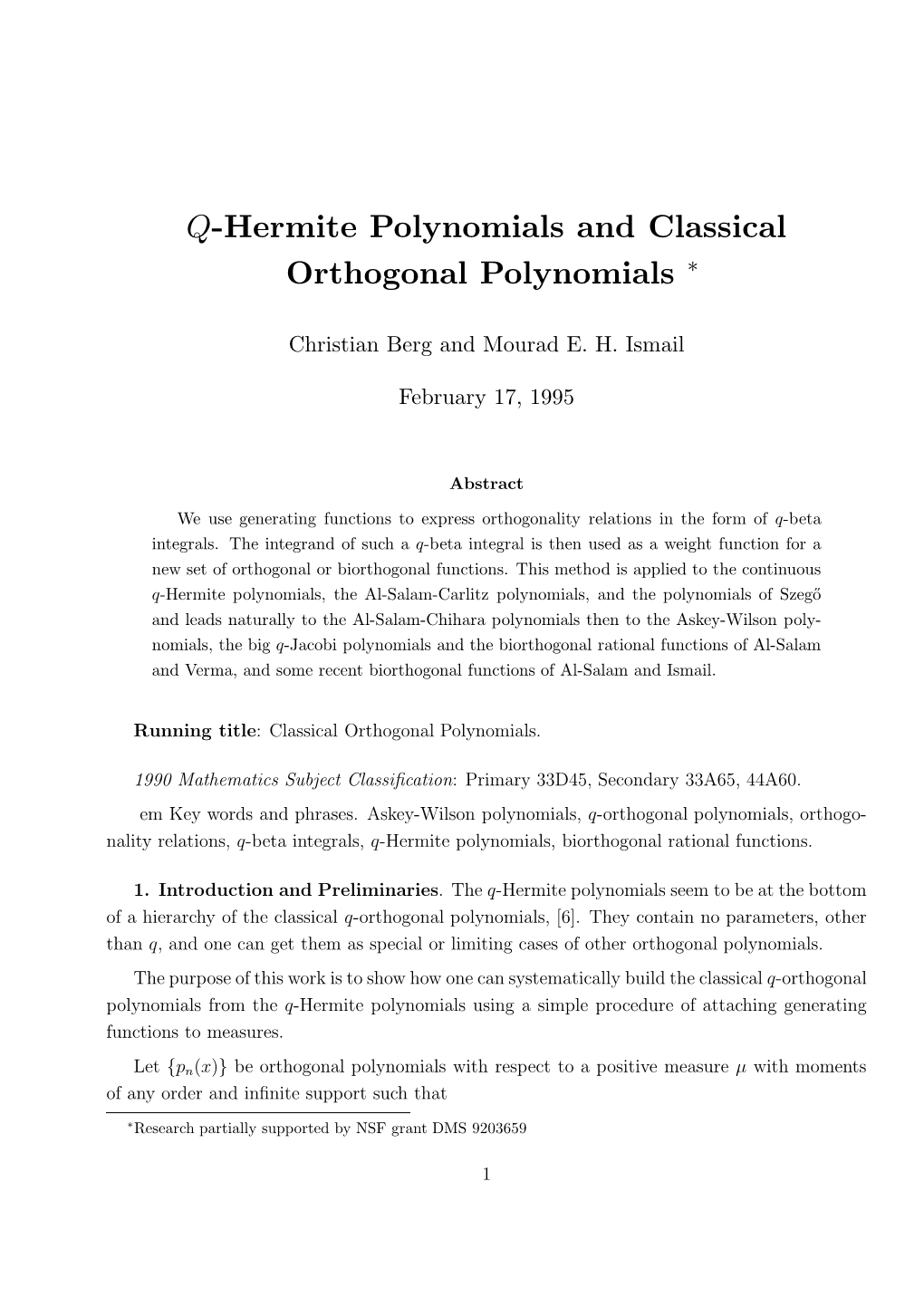 Q-Hermite Polynomials and Classical Orthogonal Polynomials ∗