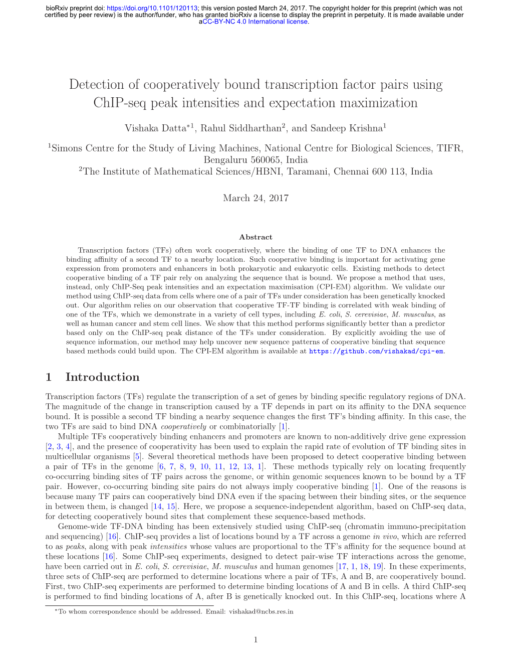 Detection of Cooperatively Bound Transcription Factor Pairs Using Chip-Seq Peak Intensities and Expectation Maximization