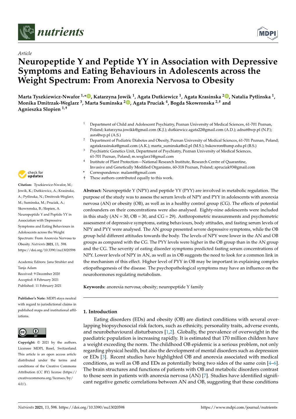 Neuropeptide Y and Peptide YY in Association with Depressive